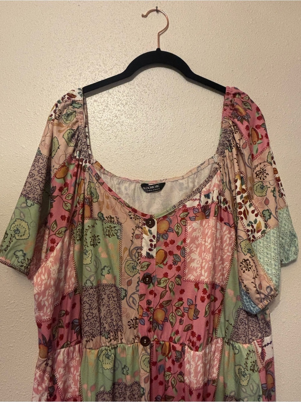 Bloom Chic Patchwork Floral Boho Midi Dress in Pink, Green & Cream - Picture 2 of 5